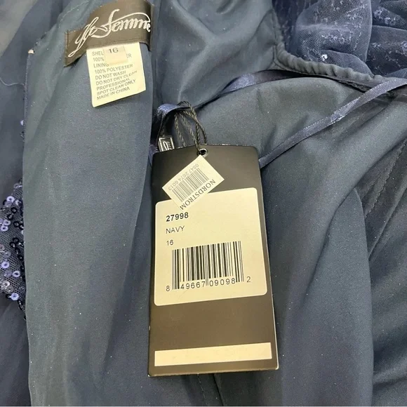 La Femme Chiffon and Sequin A Line Gown Faux Wrap 3/4 Sleeve Navy Blue Size 16 - Picture 9 of 10